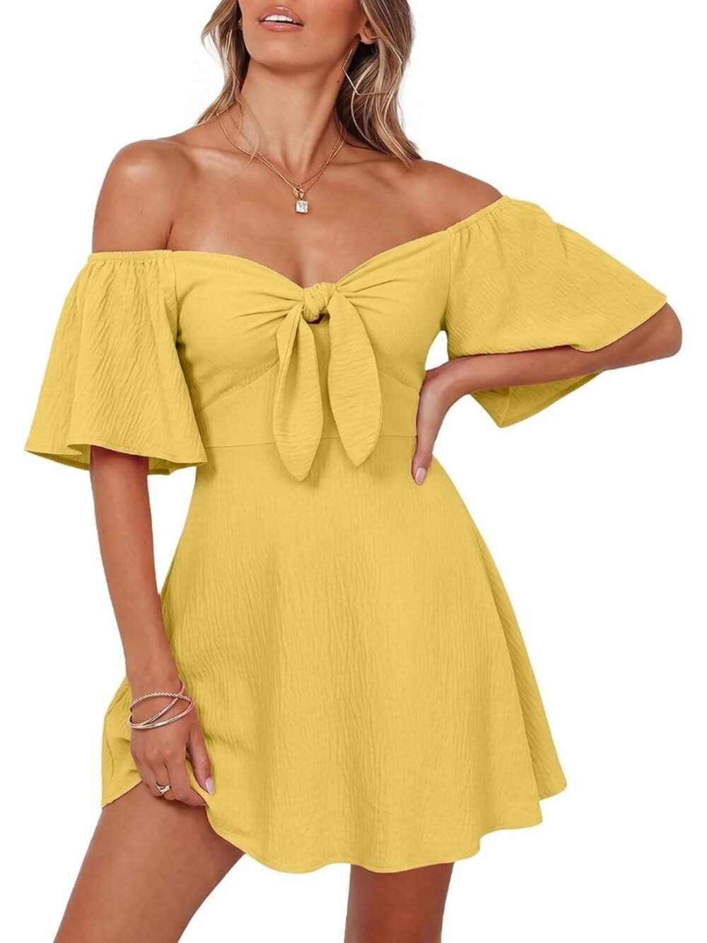 Women's Yellow Summer Deep Short Sleeve V Neck Elegant Bow Tie Mini Party Dress
